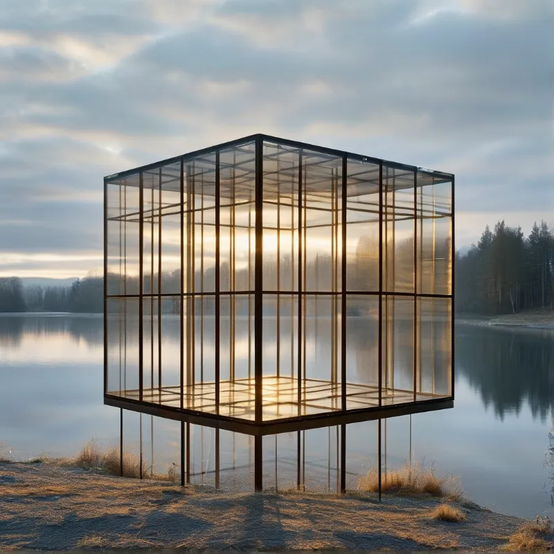A transparent glass cube sits near a lake while golden sunlight shines through its clear walls.