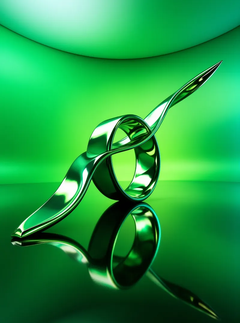 A reflective green metal ring sculpture with elongated tails sits on a smooth glossy surface with a gradient backdrop.