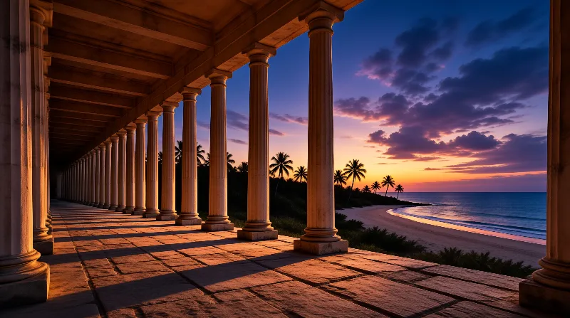 A long colonnade of stone columns overlooks a sandy beach with palm trees under a vibrant purple and orange sky.