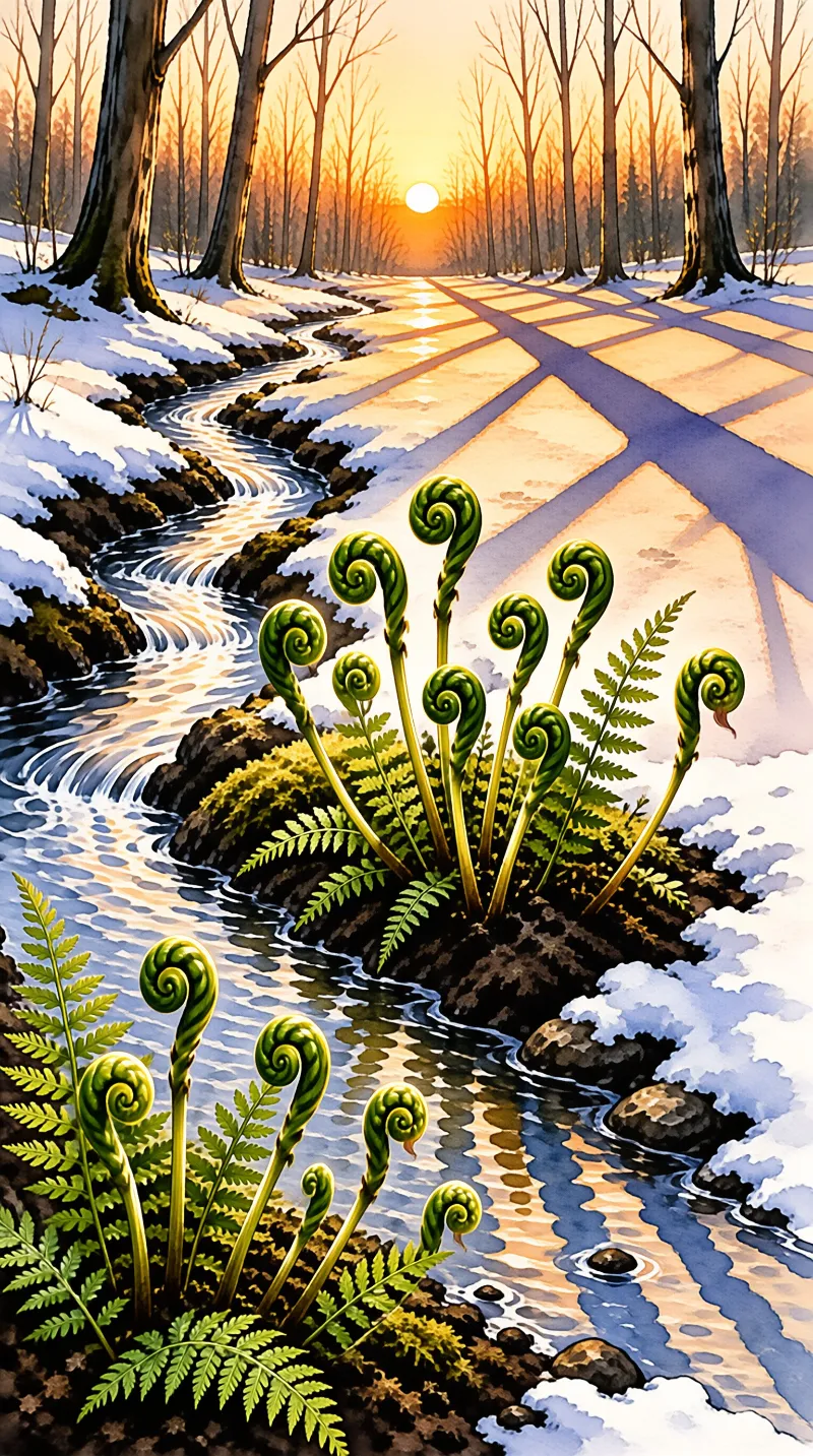 Curled green fern fronds unfurl on the banks of a thin stream winding through lingering snow toward a low winter sun.