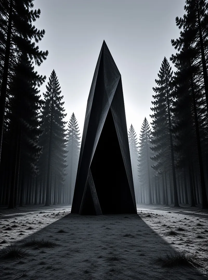 A tall dark angular monolith stands on a sandy clearing ringed by misty pine trees under a pale grey sky.