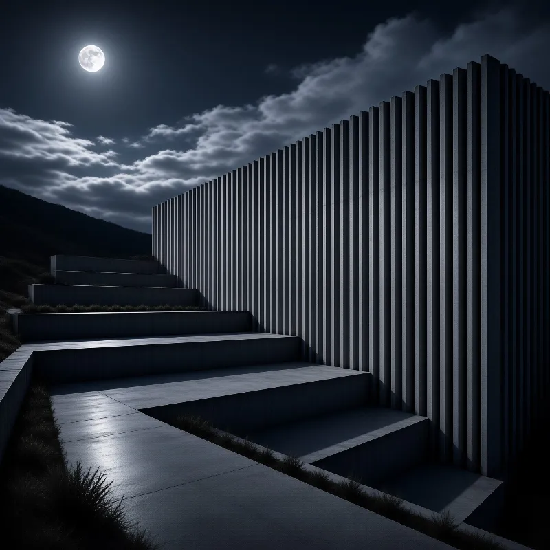 A terraced concrete stairway climbs beside a fluted wall glowing silvery beneath a bright night moon.