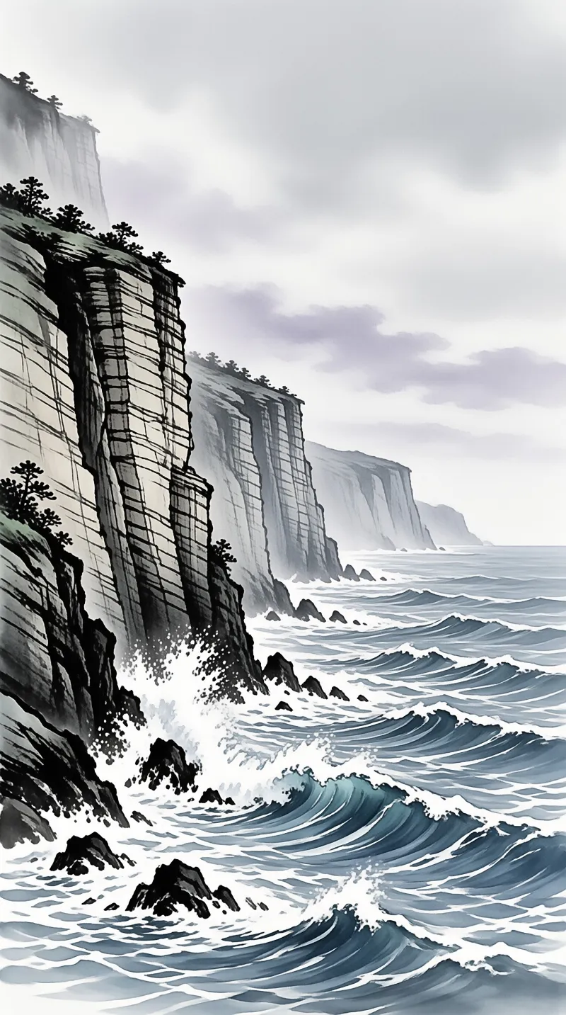 Ink style painting of steep coastal cliffs with trees on top and foamy waves crashing below.