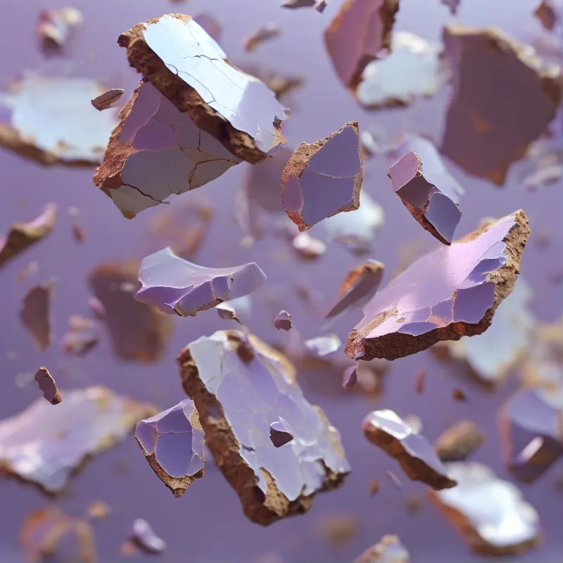 Shattered white and brown fragments suspend in a hazy purple environment revealing cracked surface details.
