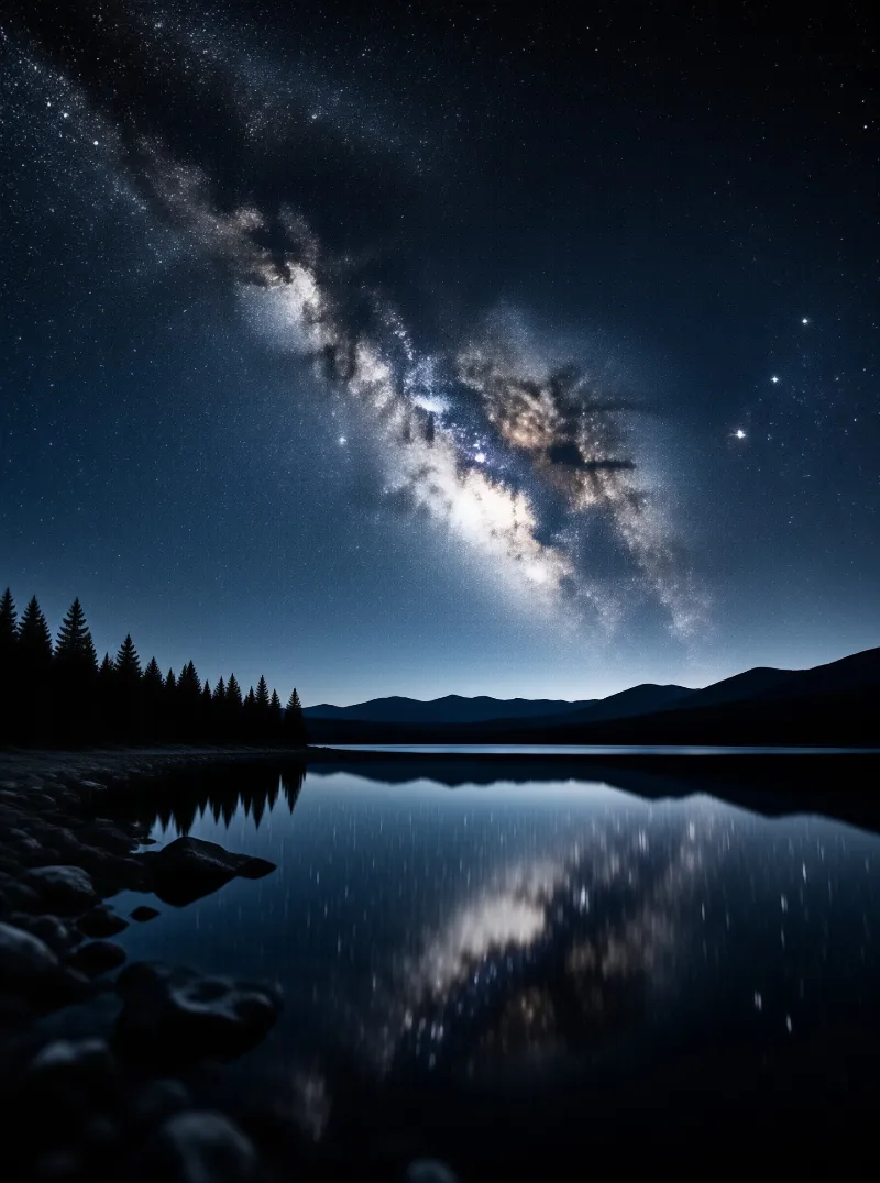 The Milky Way spans a starry sky above a lake that reflects the galaxy and dark mountain silhouettes.