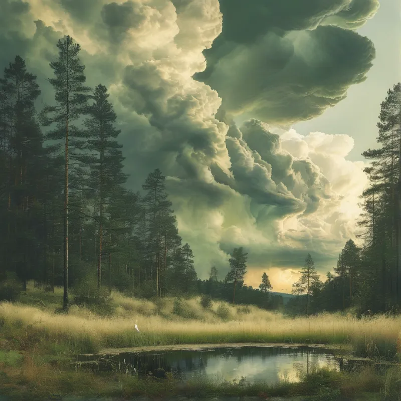 A calm marsh pond sits among tall pines, while enormous glowing golden clouds rise over misty grassy wetland meadows.