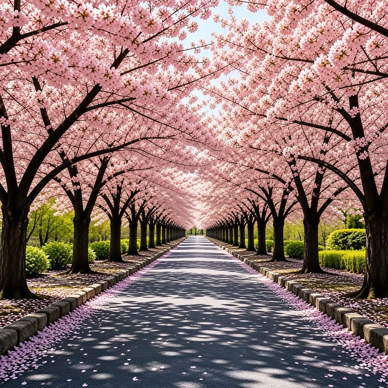 Rows of blooming pink trees form an arch over a grey road with sunlight casting shadows and scattered petals along the curb.