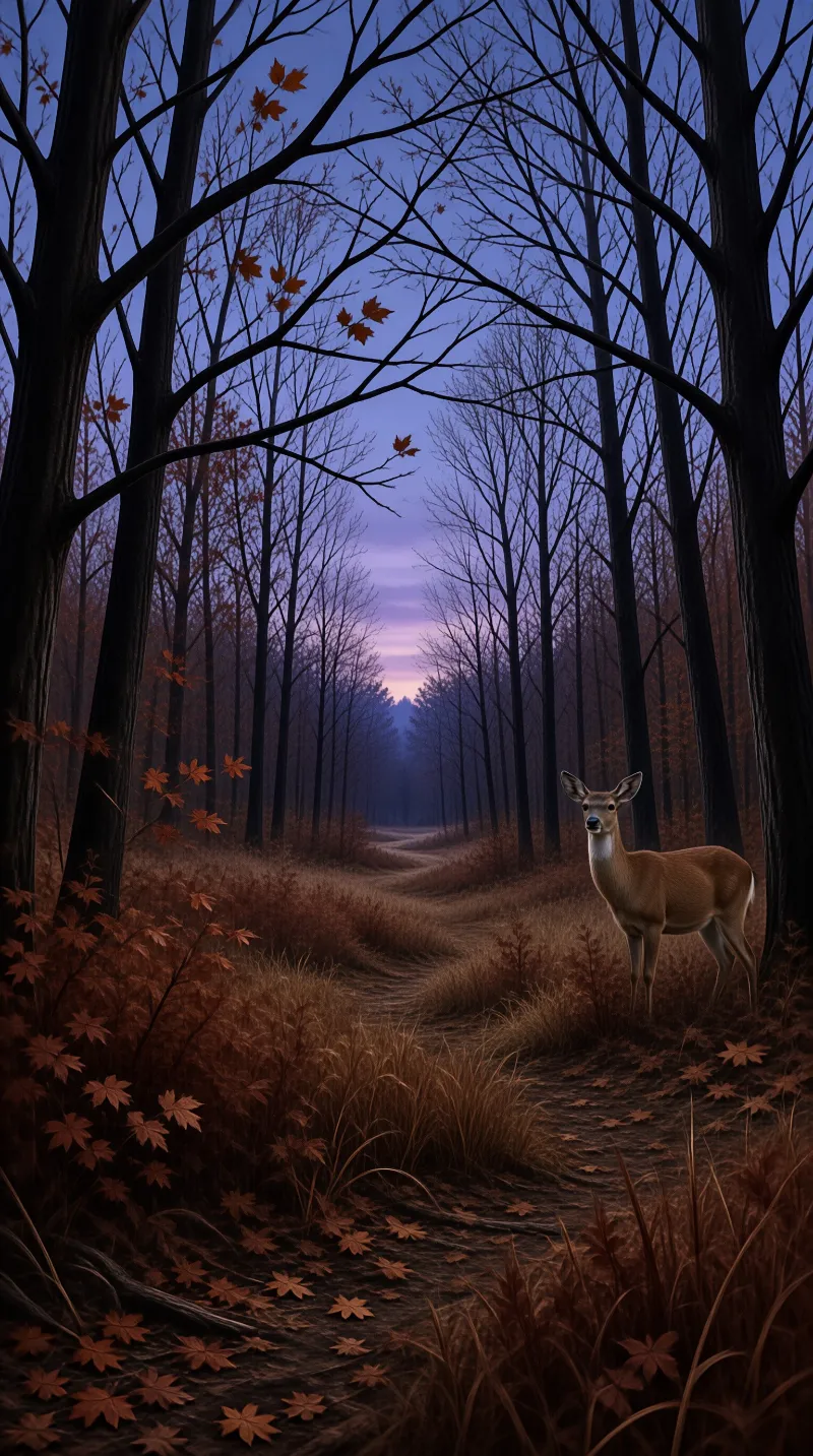 A deer stands on a dirt path through a wooded area with bare trees and orange leaves under a purple twilight sky.