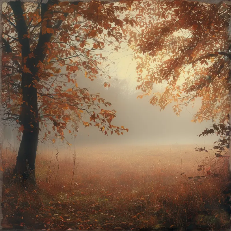 Dark oak tree frames foggy autumn valley at dawn, warm light filters through russet orange fall foliage above the grassy field.