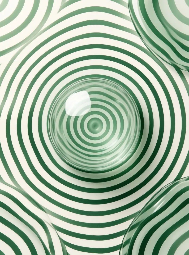 Emerald and cream concentric rings ripple beneath glossy transparent spheres that bend the pattern.