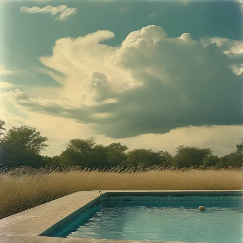 Dark cumulus clouds pile above a field of golden grasses and a quiet turquoise pool under a faded vintage sky.