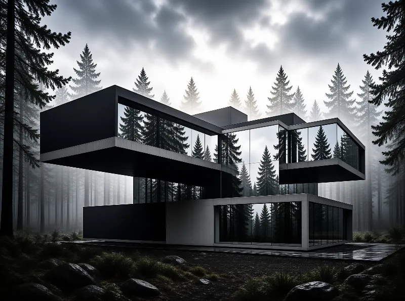 Modern multi-story residence with reflective glass walls situated within a misty coniferous forest under cloud cover.