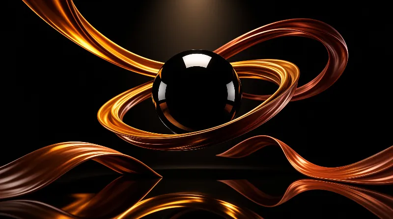 A polished black orb floats inside sweeping copper strands that loop around it above a dark mirror