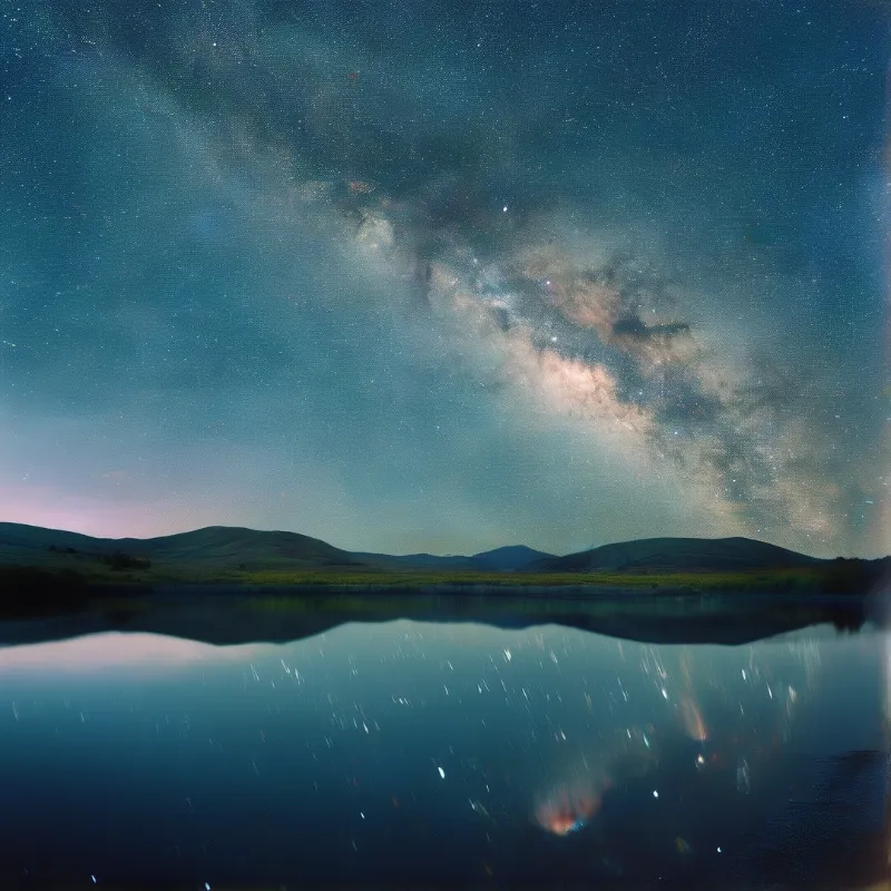The bright band of the Milky Way galaxy arches across a dark blue sky above hills and reflects in a calm lake below.