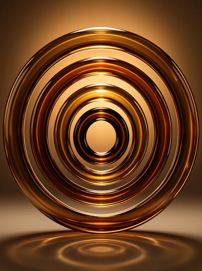 Nested polished rings recede toward a bright golden center above their blurred mirror reflection on a glossy floor.