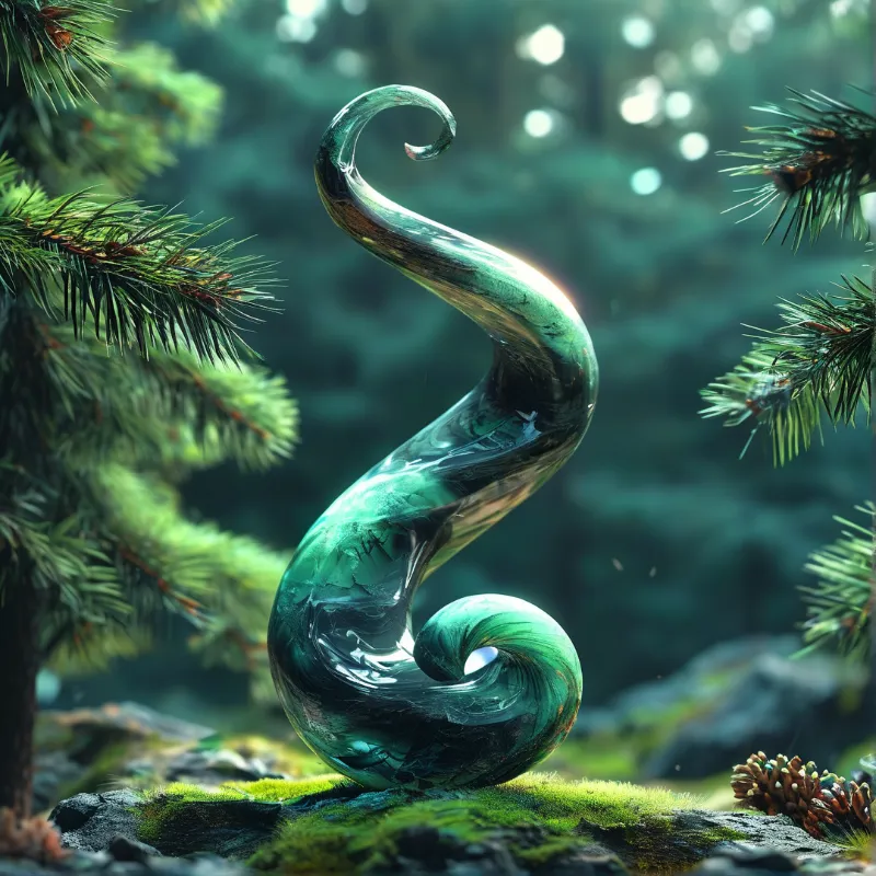 A glossy teal spiral glass sculpture sits on a mossy forest rock, sunlit pine branches frame the piece with dappled light behind it.