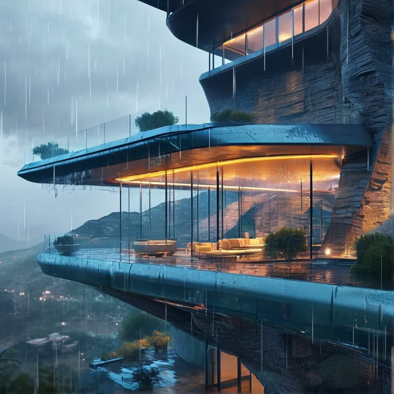 A futuristic building with warm lights shines brightly against a backdrop of rain and dark mountains.