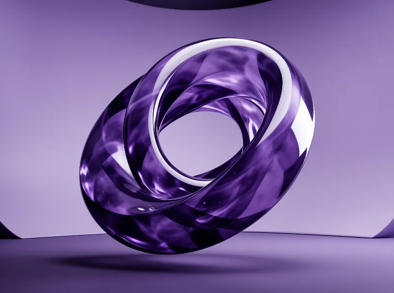 A translucent purple torus knot hovers above a dark plane with soft studio shadows on a gradient lavender field.