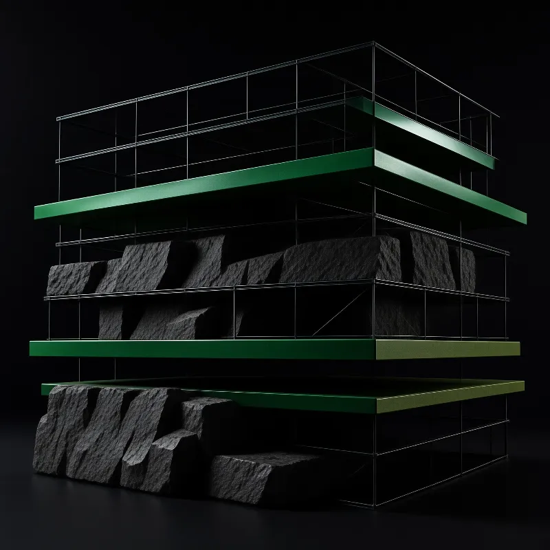 Layered sculpture combines rough black stone blocks with smooth green platforms in a thin wireframe on a dark background.