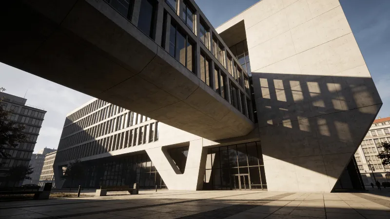 Bridge with Brutalist Massing — Urban Plaza