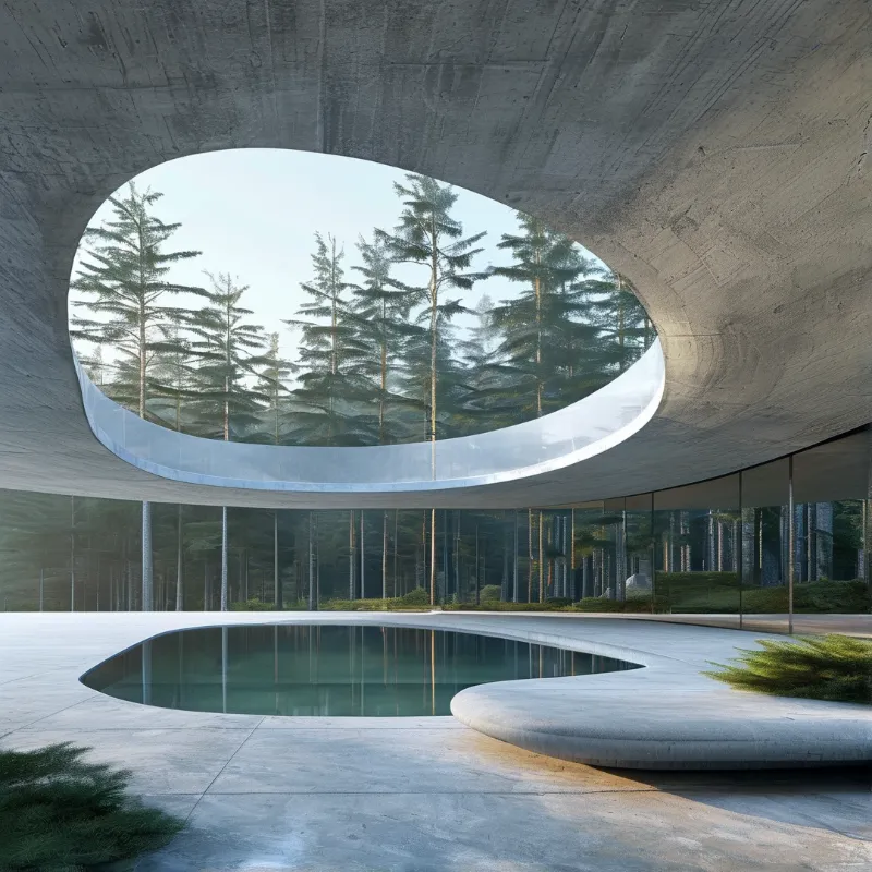 A modern concrete building has a large circular opening that frames a forest and reflects in a pool of water below.