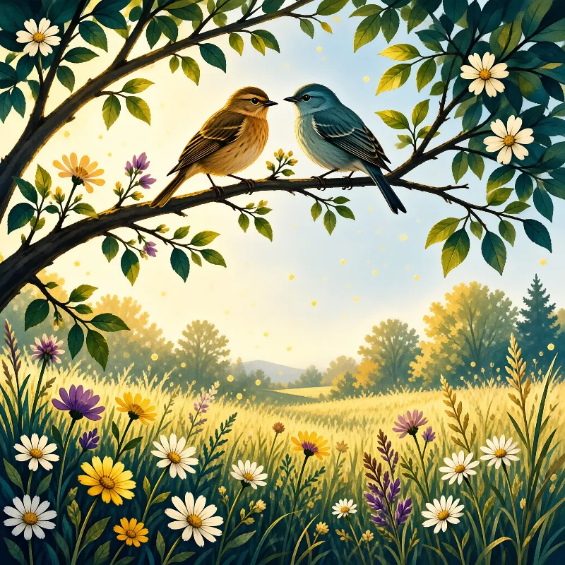 A brown and a blue bird face each other on a leafy branch above a wildflower meadow in warm sunlight.