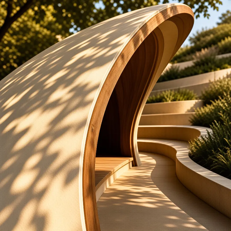 A sweeping curved wooden canopy shelters a terraced garden wall patterned with soft shadows from overhead leaves