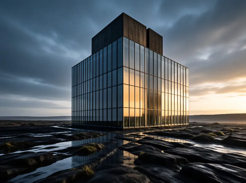 Glass Cube in Rocky Landscape