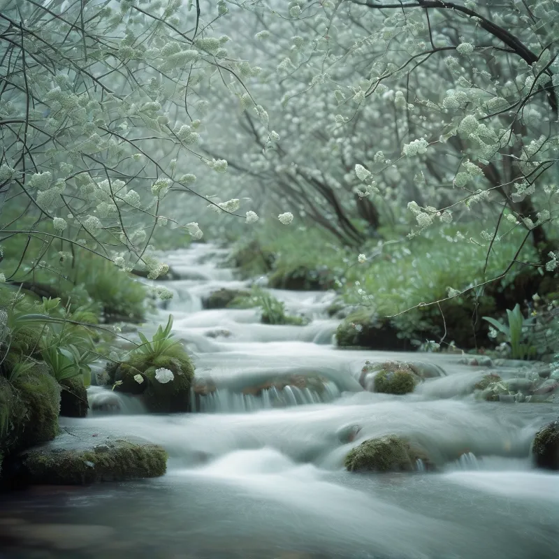 A milky white stream flows between mossy rocks beneath arching branches heavy with clusters of pale spring flowers