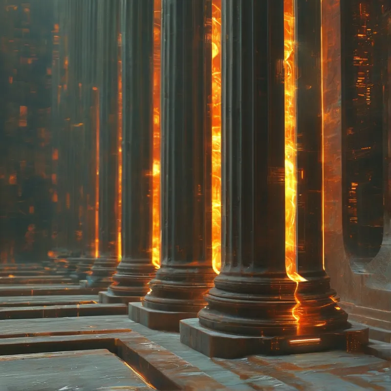 Dark fluted pillars stand in a dim hall with bright orange fire glowing from the gaps between them.