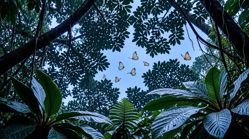 A flock of white butterflies floats against a pale blue sky framed by dark green jungle leaves.
