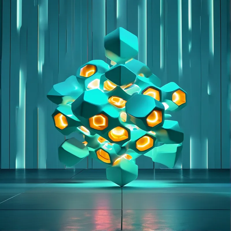 A glowing teal polyhedral cluster rests on a smooth floor against a background of vertical cyan slats.