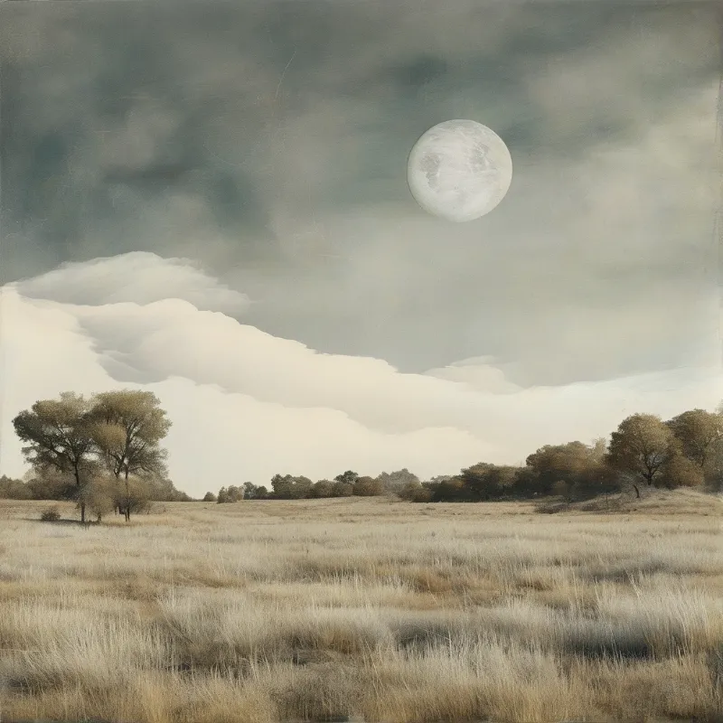 A large full moon hangs above a wide expanse of dry grassland dotted with scattered trees under a cloudy sky