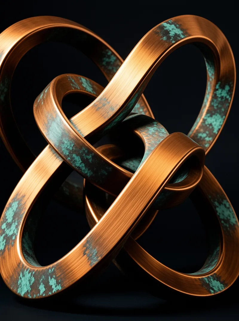 A complex copper knot sculpture features green patina and dramatic lighting against a dark background.
