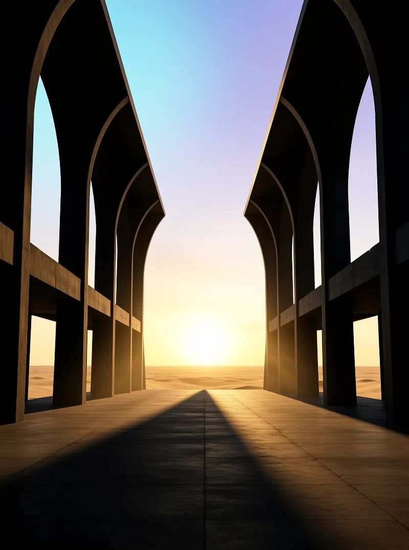 Symmetrical dark arches frame a bright desert landscape bathed in golden sunlight and long shadows.