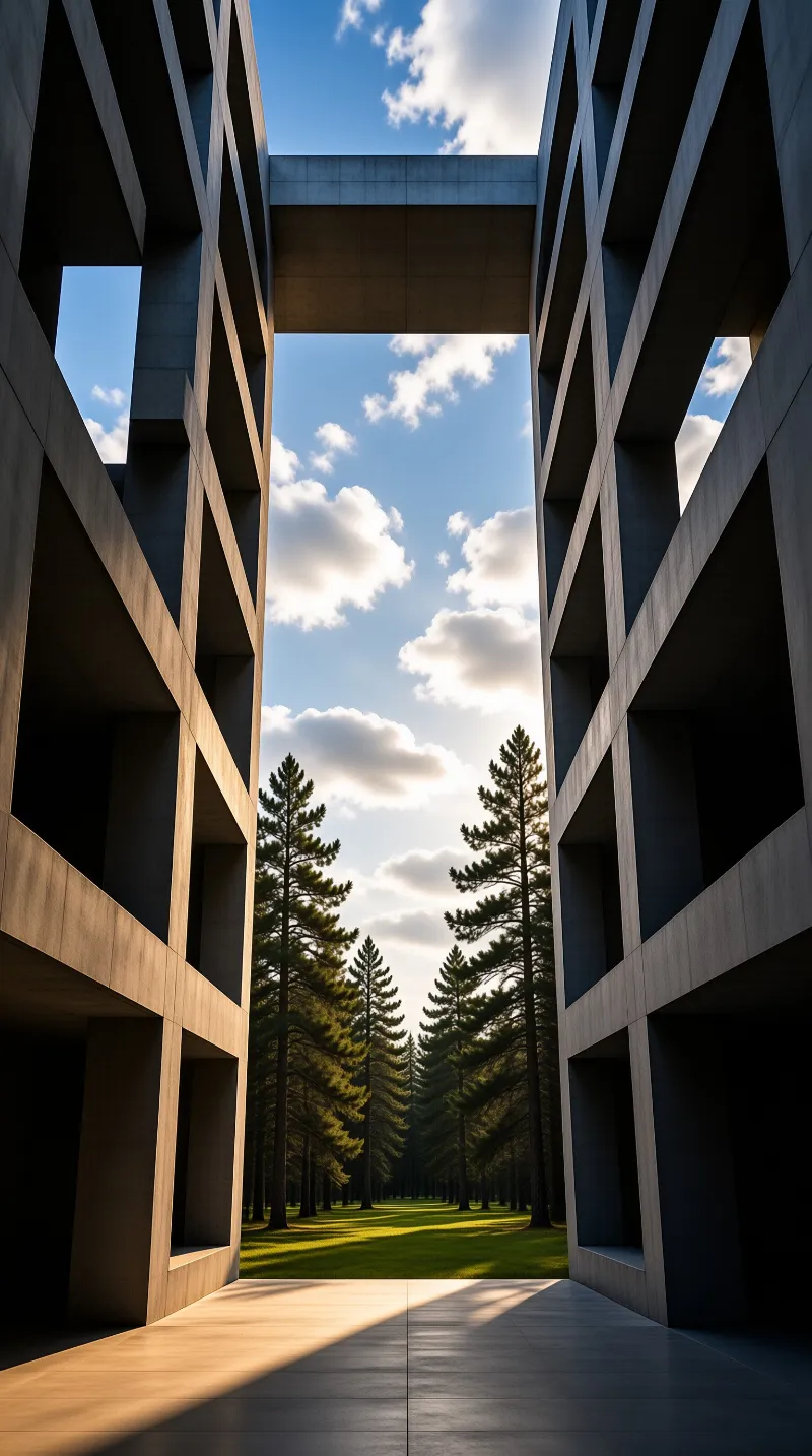 A massive concrete architectural structure creates a geometric frame around a bright green forest under a cloudy blue sky.
