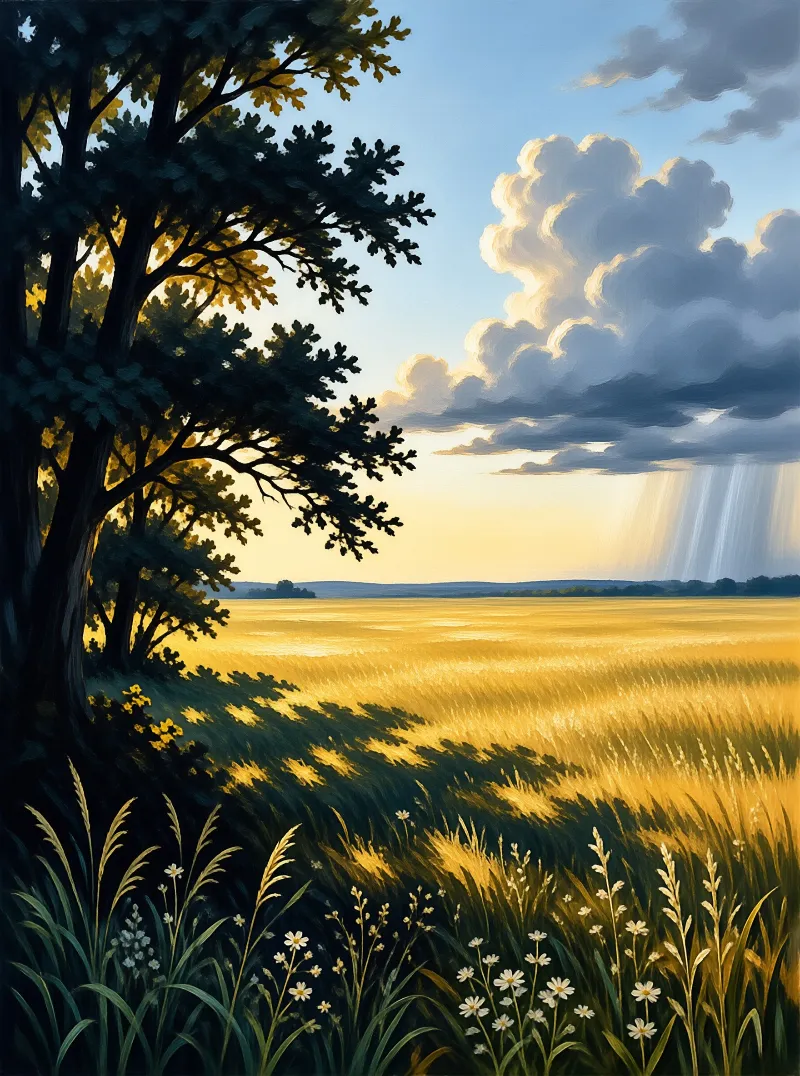 A dark tree stands on the left while sunlight breaks through clouds over a yellow field.