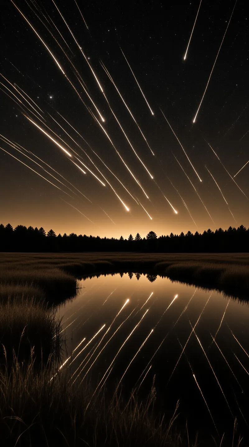 Yellow meteor trails streak across a starry night sky and reflect in the still water below a silhouetted forest line.