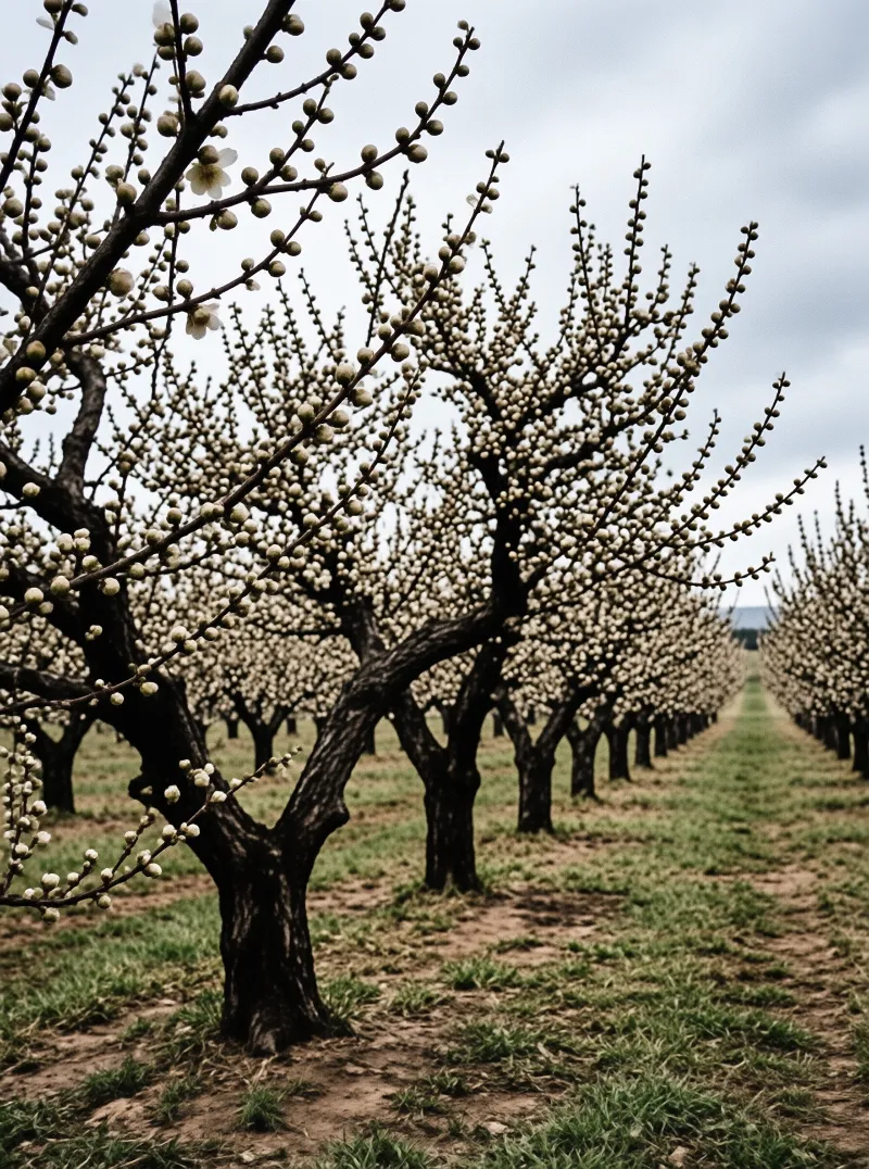 Rows of dark brown trees covered in small white buds stretch across a grassy field beneath a cloudy sky.
