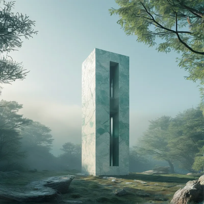 A tall pale stone monolith with green veining and a narrow window stands among fog wrapped trees on a mossy hillside