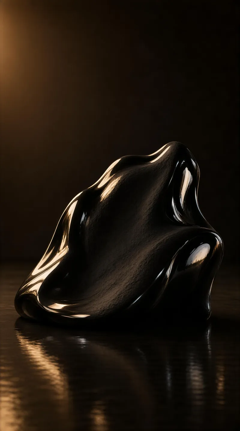 A smooth, black fluid shape resting on a dark surface, illuminated by warm golden light from the left