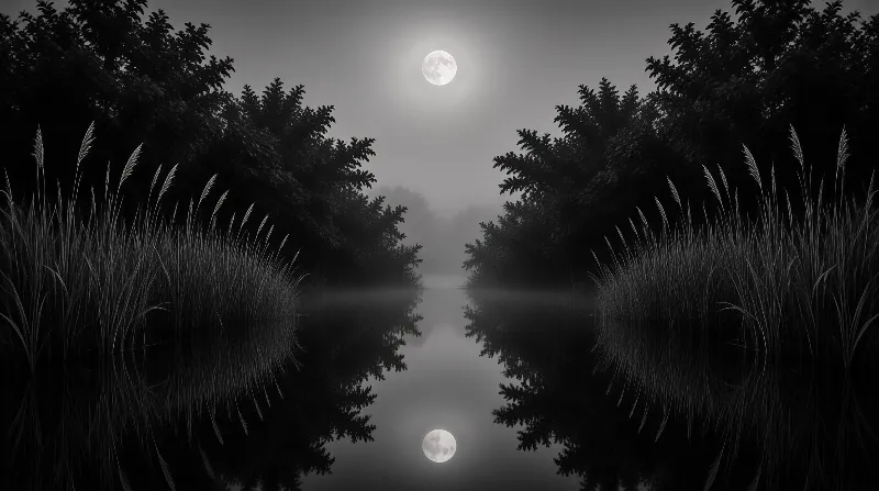 Monochrome night scene of a glassy waterway framed by tall grasses and dark trees, with the moon doubled below.