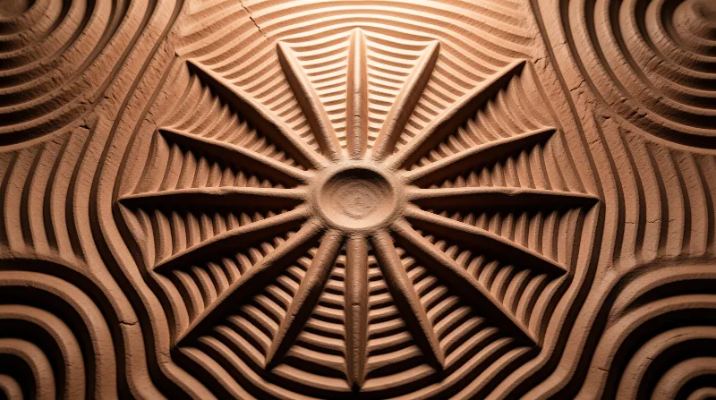 A close-up view of a brown terracotta surface featuring a carved eight-pointed star surrounded by wavy concentric lines.