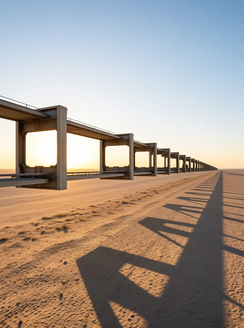 Concrete pillars of an elevated road stretch into the distance, casting long shadows across the golden desert sand.
