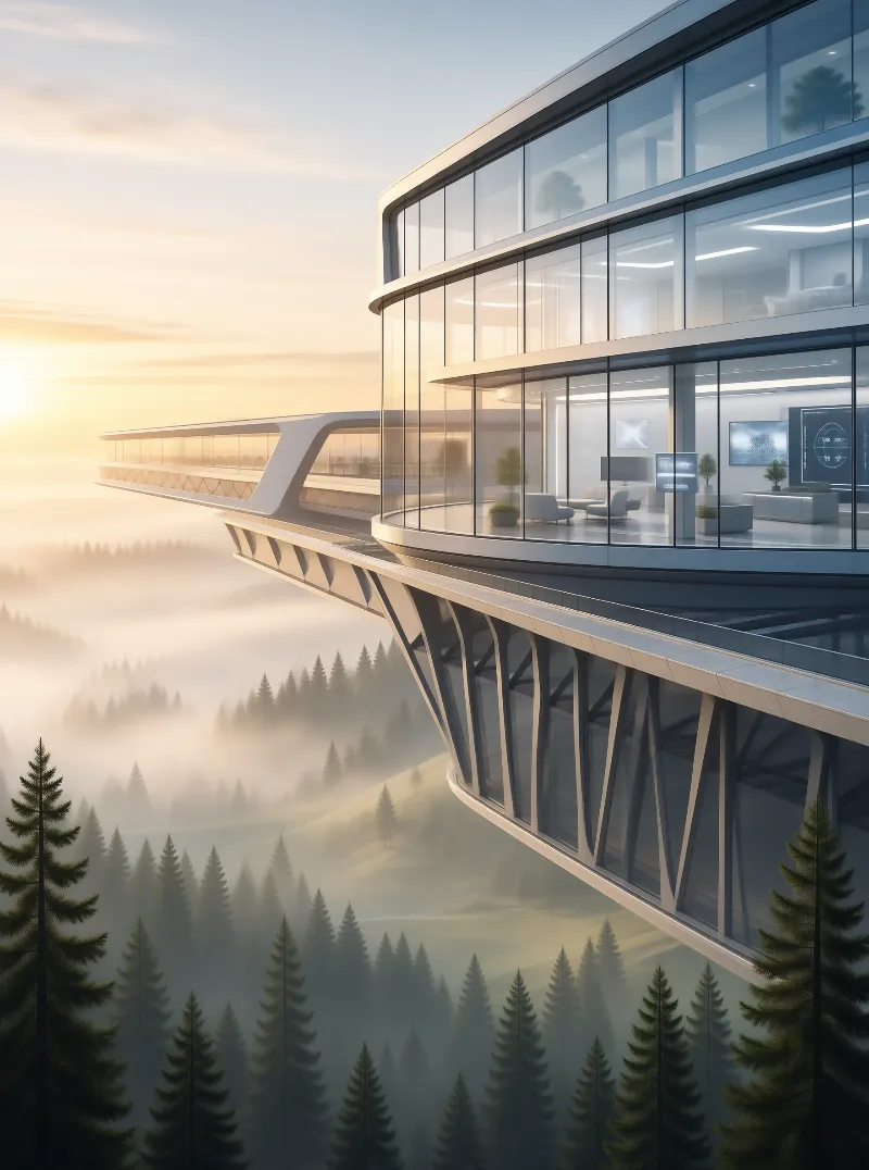 Futuristic Glass Building Above Misty Forest