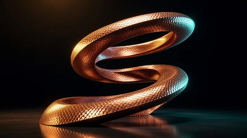 A faceted metallic ribbon twists through darkness under contrasting warm and cool lighting casting a reflection on ground.