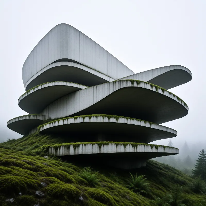 Curved white concrete balconies spiral down a steep green mountain shrouded in grey fog