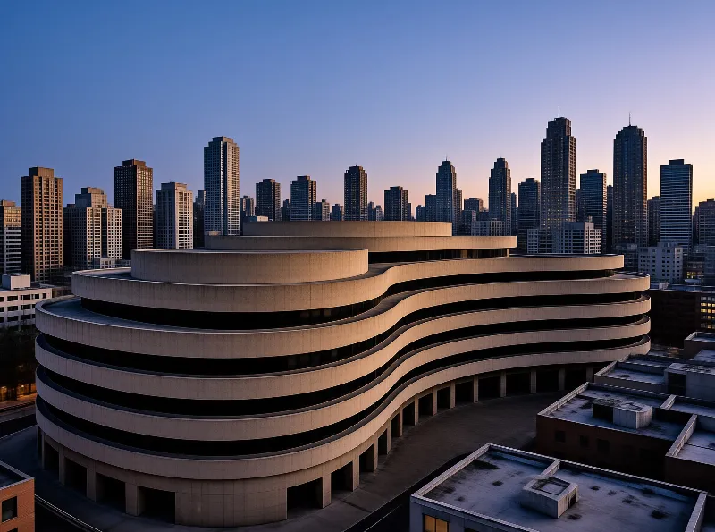 A curving multi-tiered concrete museum rotunda rises in warm evening light with a dense city skyline of towers behind it.
