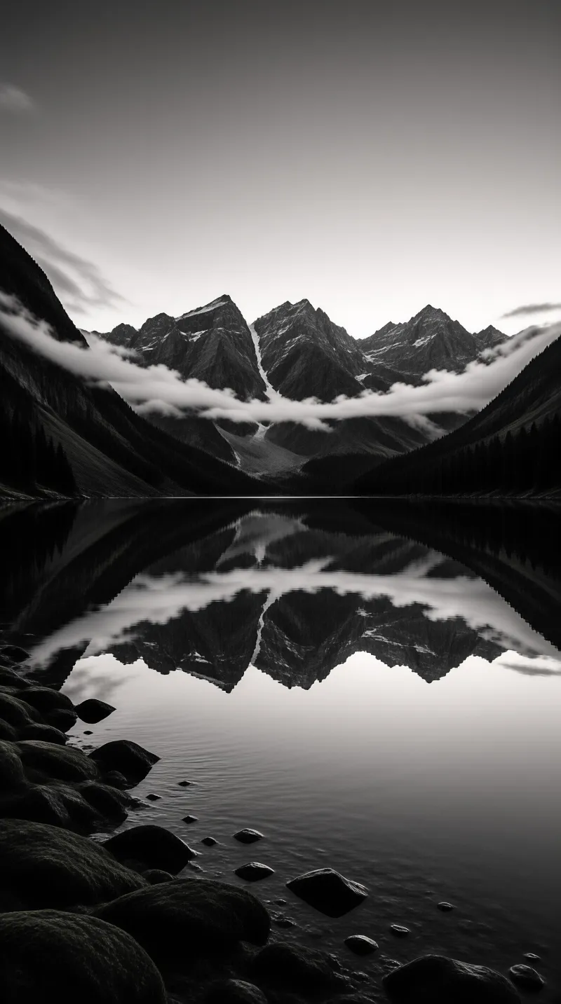 Black and white view of mountain peaks wrapped in clouds casting a reflection onto the dark surface of a calm lake.