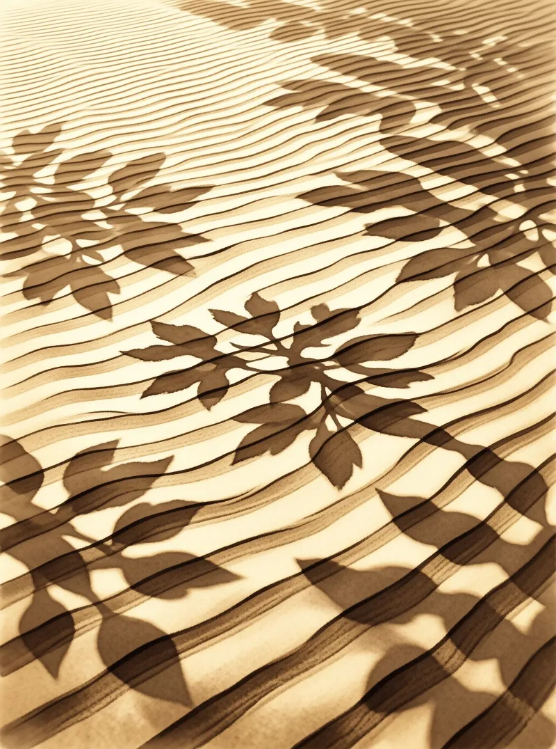 Dark plant shadows fall across a warm beige surface with distinct horizontal ripples and folds.